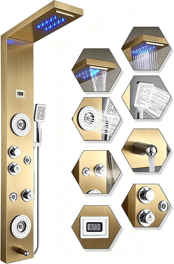 ELLO&ALLO Stainless Steel Shower Panel Tower System,LED Rainfall Waterfall Shower Head 6-Function Faucet Rain Massage System with Body Jets, Brushed Gold
