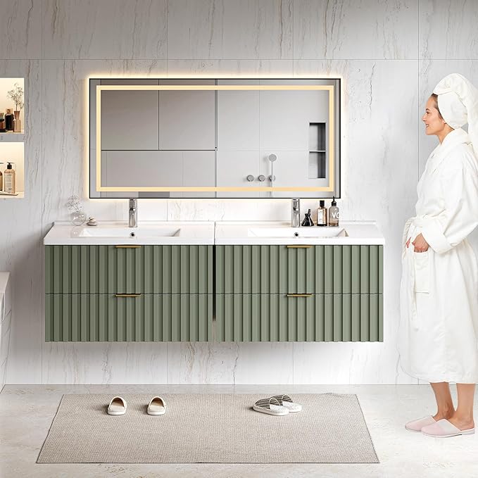 ONBRILL 30 Inch Bathroom Vanity with Sink Combo, Floating Bathroom Vanity with 2 Fluted Drawers & Metal Handle, Modern Wall Mount Storage Cabinet with Ceramic Integrated Sink for Small Space (Green)