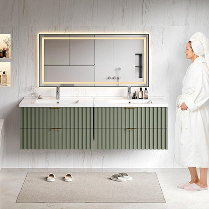 ONBRILL 30 Inch Bathroom Vanity with Sink Combo, Floating Bathroom Vanity with 2 Fluted Drawers & Metal Handle, Modern Wall Mount Storage Cabinet with Ceramic Integrated Sink for Small Space (Green)