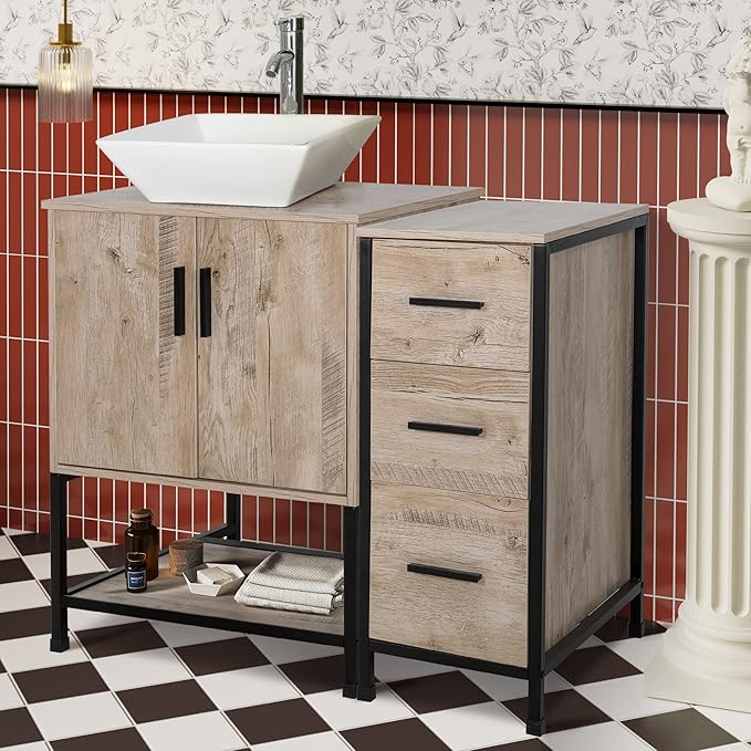 UEV 36" Bathroom Vanity, Oak Color Bathroom Vanity Set with Sink and 3 Drawers Side Cabinet Combo, with Adjustable Water Temperature Faucet (A07)