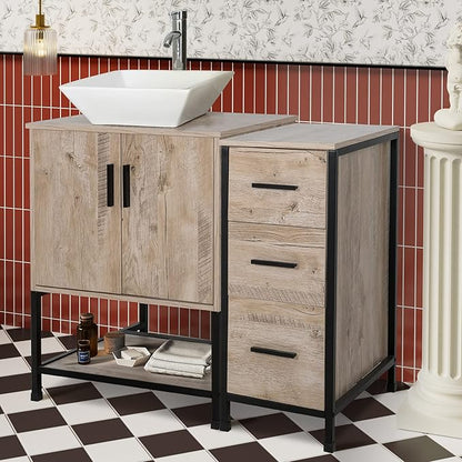 UEV 36" Bathroom Vanity, Oak Color Bathroom Vanity Set with Sink and 3 Drawers Side Cabinet Combo, with Adjustable Water Temperature Faucet (A07)