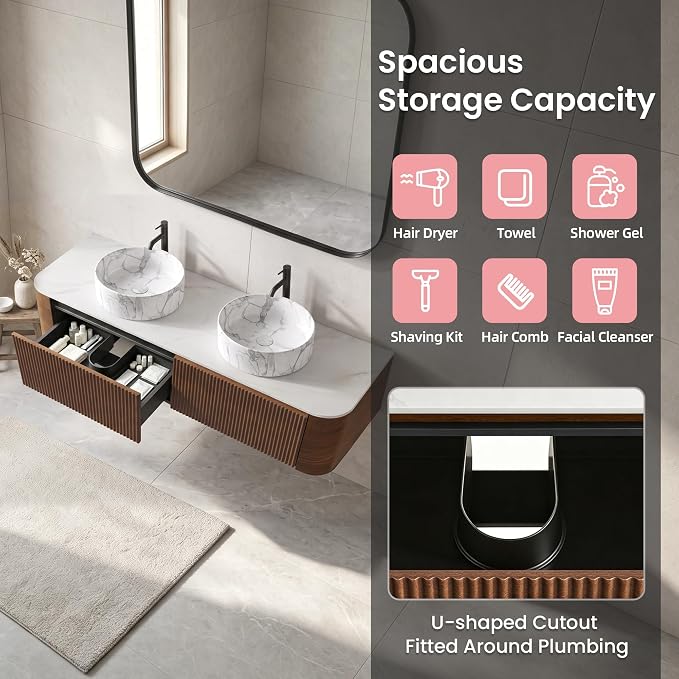 60" Floating Bathroom Vanity with Carrara Finish Sink, Walnut | Pre-Assembled Fluted Wall Mounted Double Sink Vanity with Sintered Stone Countertop, Soft-Close Drawers & Towel Rack