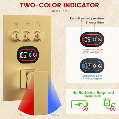 Longriver 3-Push Button Shower Faucet Set Hydro Power Temperature Display | Shower System Ceiling Mounted 10" & Wall Mounted 6" Shower Head with 3-Spary Handheld, Brushed Gold