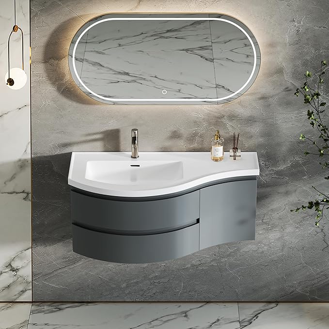 KunMai 35.4" Modern Floating Bathroom Vanity with Sink, Wall Mounted Stone Resin Top Vanity Cabinet with Storage Drawers & Door, White Wall Hung Vanity for Small Bathrooms