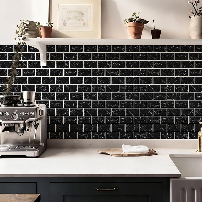 10 Sheets Thicker Design Peel and Stick Backsplash, 12"x12" Peel and Stick Wall Tiles, Subway Look Marble Tiles Backsplash for Kitchen and Bathroom, Black Marquina