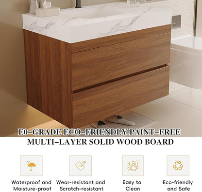 30 inch Modern Floating Bathroom Vanity with Ceramic Sink and Faux Marble Countertop, Wall-Mounted Bathroom Sink Cabinet with 2 Soft Closing Drawers for Bathroom, Powder Room, Apartment, Walnut