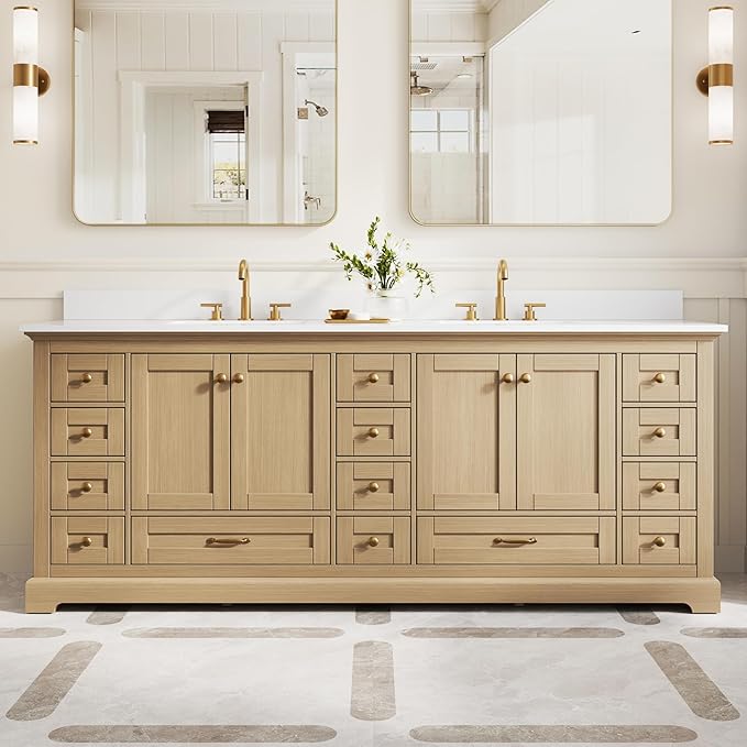 WELLFOR 84 Inch Bathroom Vanity with Double Sinks, Bathroom Freestanding Vanity W/4 Soft-Close Doors and 14 Drawers, Large Storage Space Vanity, Cultured Marble Countertop Vanities (Oak)