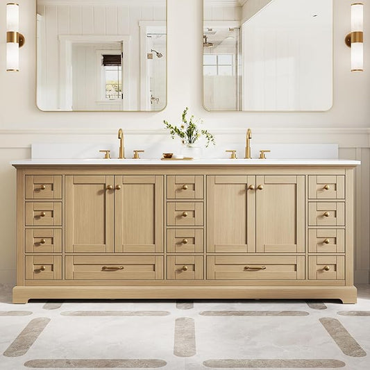 WELLFOR 84 Inch Bathroom Vanity with Double Sinks, Bathroom Freestanding Vanity W/4 Soft-Close Doors and 14 Drawers, Large Storage Space Vanity, Cultured Marble Countertop Vanities (Oak)