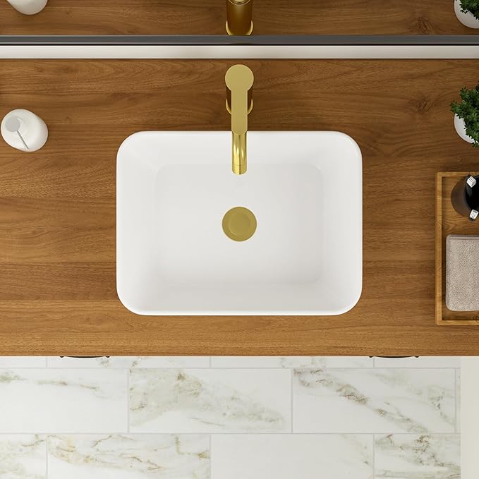 Logmey 16 Inch Drop in Bathroom Vessel Sink 16"x12" Rectangular White Porcelain Ceramic Sink Modern Above Counter Countertop Bathroom Vanity Sinks Art Basin
