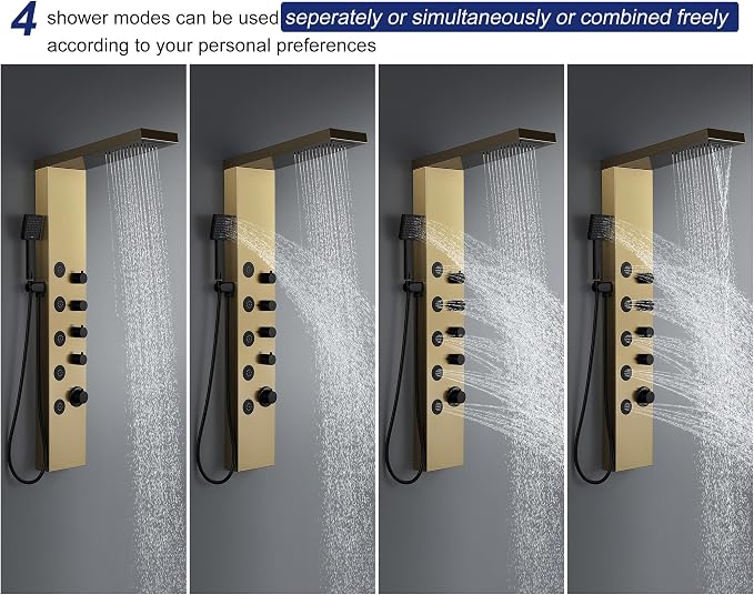 ROVATE 4-in-1 Rainfall Waterfall Shower Panel Tower System, Brushed Gold | Shower Column with Body Massage Jets and Handheld, Stainless Steel High Pressure, Use Multiple Functions Simultaneously