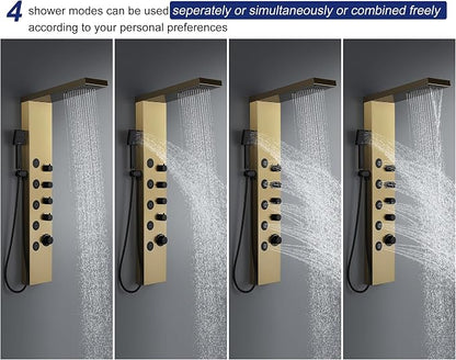 ROVATE 4-in-1 Rainfall Waterfall Shower Panel Tower System, Brushed Gold | Shower Column with Body Massage Jets and Handheld, Stainless Steel High Pressure, Use Multiple Functions Simultaneously
