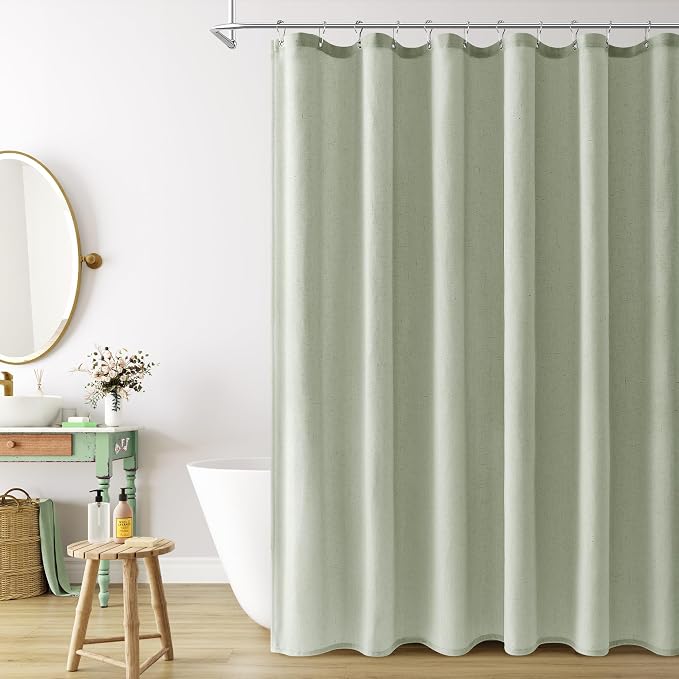 Mist Sage Linen Shower Curtain, Country Boho Farmhouse Bath Decor Shower Curtains Neutral Cloth Weighted Textured Fabric Bath Curtain Liner with Hooks, 72x78