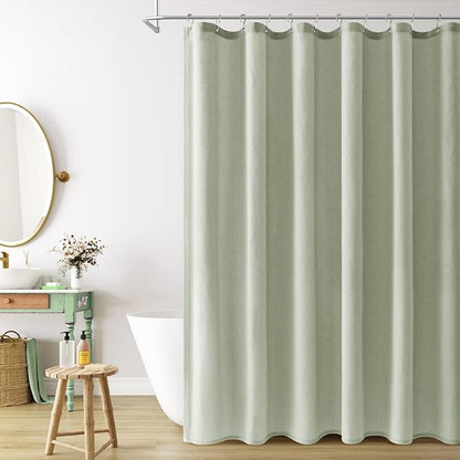 Mist Sage Linen Shower Curtain, Country Boho Farmhouse Bath Decor Shower Curtains Neutral Cloth Weighted Textured Fabric Bath Curtain Liner with Hooks, 72x84