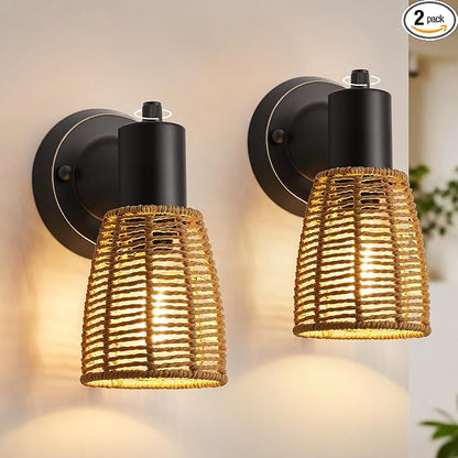 EJIAXIN Boho Rattan Wall Sconces Set of 2 - Vanity Lights for Bathroom Farmhouse Wall Light Fixtures with Rotary Switch - Black Indoor Wall Mount Lighting Rustic Lamp for Bedroom Living Room Hallway