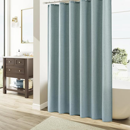 Light Blue Linen Shower Curtain, Country Boho Farmhouse Bath Decor Shower Curtains Neutral Cloth Weighted Textured Fabric Bath Curtain Liner with Hooks, 72x78