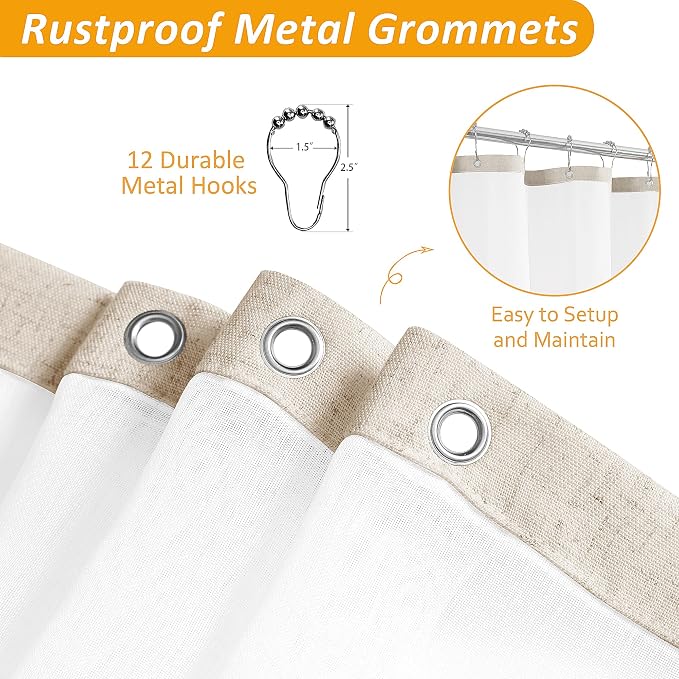 Linen Shower Curtain 72 Inch for Bathroom Beige White Double Layer | 6ft, Curtains with Hook, Snap in Liner, Water Repellent, Boho Farmhouse, Modern Bath Decor, 1 Panel, 72x72