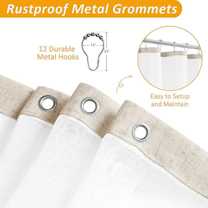 Linen Shower Curtain 78 Inch for Bathroom Beige White Double Layer | Curtains with Hook, Snap in Liner, Water Repellent, Boho Farmhouse, Modern Bath Decor, 1 Panel, 72x78