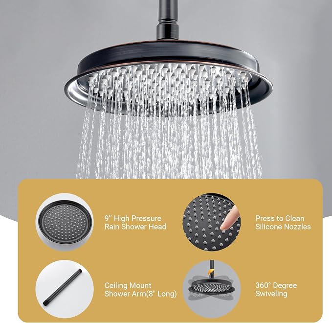 DASAN Rain Shower System Complete Antique Shower Faucet Sets, Shower Fixtures Combo with Pressure Balance Valve, Trim Kit, 9’’ Rainfall Overhead Shower & Handheld, Color Oil Rubbed Bronze AT209C-ORB