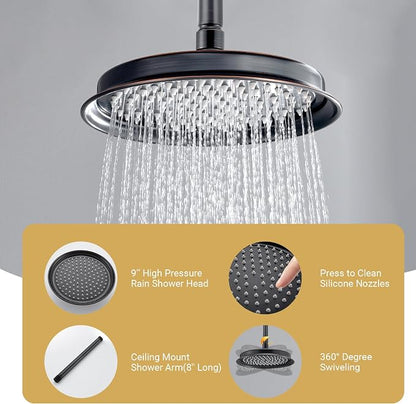 DASAN Rain Shower System Complete Antique Shower Faucet Sets, Shower Fixtures Combo with Pressure Balance Valve, Trim Kit, 9’’ Rainfall Overhead Shower & Handheld, Color Oil Rubbed Bronze AT209C-ORB