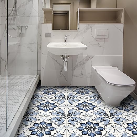 Blue Floral Scrollwork Peel and Stick Floor Tiles 12x12 Inch 10PCS | Blue and white floral scrollwork pattern vinyl floor stickers for kitchen bathroom entryway and indoor home decor