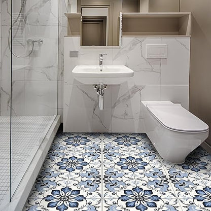 Blue Floral Scrollwork Peel and Stick Floor Tiles 12x12 Inch 10PCS | Blue and white floral scrollwork pattern vinyl floor stickers for kitchen bathroom entryway and indoor home decor