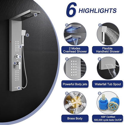 ROVATE LED Shower Panel Tower System, Rainfall Waterfall Shower Tower with Jets and Handheld, 5 in 1 Brushed Stainless Steel High Pressure Shower Column with Tub Spout