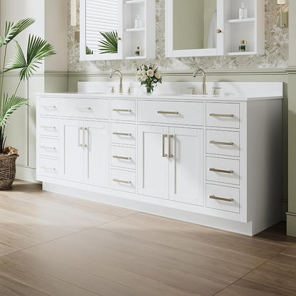 84-Inch Bathroom Vanity with Double Sinks W/ 4 Doors & 12 Drawers & 2 Flip Drawers, White Vanity W/Brushed Nickel Handles