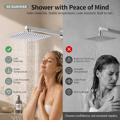 SR SUN RISE Polished Chrome Square Rainfall Shower Head and Handle Set, Wall Mounted Shower Fixtures, Metal Shower Faucet Trim Repair Kits (With Shower Valve)