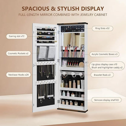 Dystler Over the Door Jewelry Cabinet with Mirror, 12 Hollywood Bulbs, Lock | 72 Earring Slots & 24 Necklace Hooks, Velvet Interior, Hanging Door or Wall Mount, 3-Color LED Lights,Girls, Women Ideal Gift