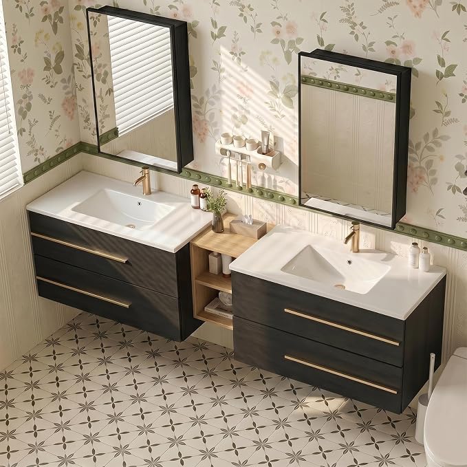 84 Inch Floating Double Sink Bathroom Vanity with Sink Combo, Modern Wall-Mounted Vanities Cabinet with Large Soft-Closing Drawers, Double Vanity Sinks for Bathrooms, Black&Natural