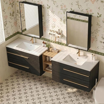 84 Inch Floating Double Sink Bathroom Vanity with Sink Combo, Modern Wall-Mounted Vanities Cabinet with Large Soft-Closing Drawers, Double Vanity Sinks for Bathrooms, Black&Natural