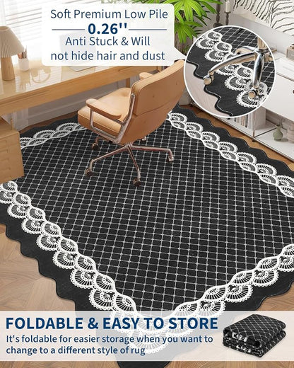 GarveeHome Washable 8x10 Area Rug Scalloped Black Rug, Modern Neutral Living Room Rugs, Large Scalloped Farmhouse Rug Abstract Bordered Carpet for Bedroom Apartment Table Dorm Nursery, Black