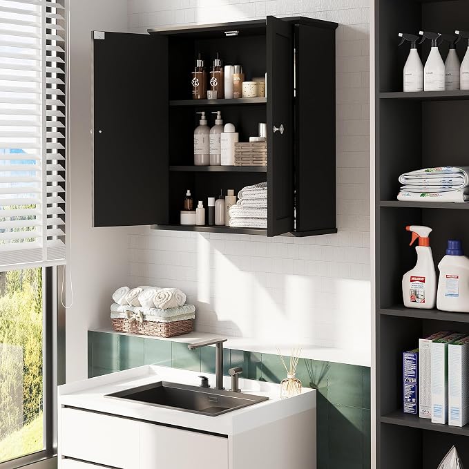 Bathroom Wall Cabinet, Bathroom Cabinet Wall Mount, Over Toilet Space Saver Storage Cabinet, Wood Medicine Cabinets, Black