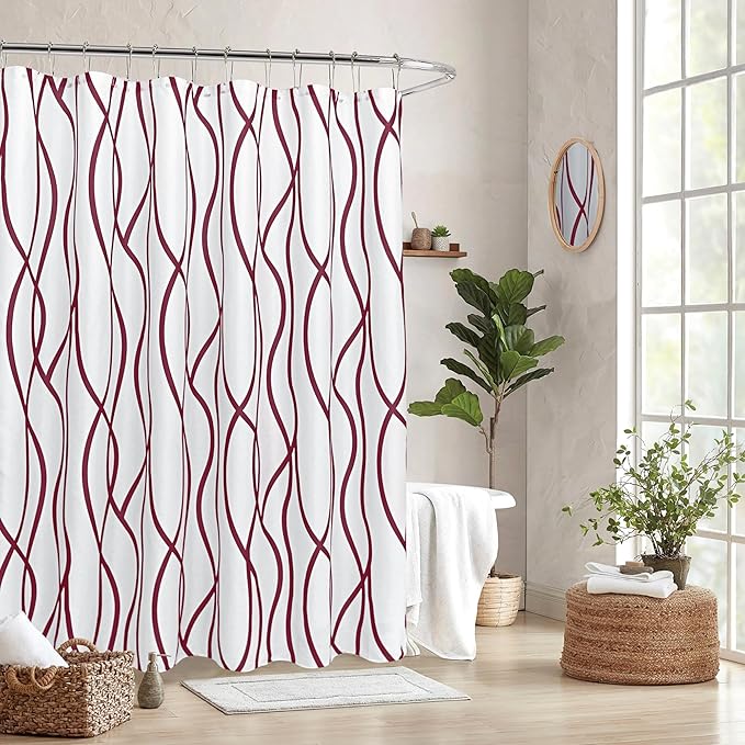 Fabric Modern Extra Long Shower Curtains for Bathroom-Burgundy and White | 72"W x 84"L Textured Faux Linen Luxury Hotel Quality Washable-Abstract Wavy Cloth Bath Curtain-Apartment Minimalist Decor