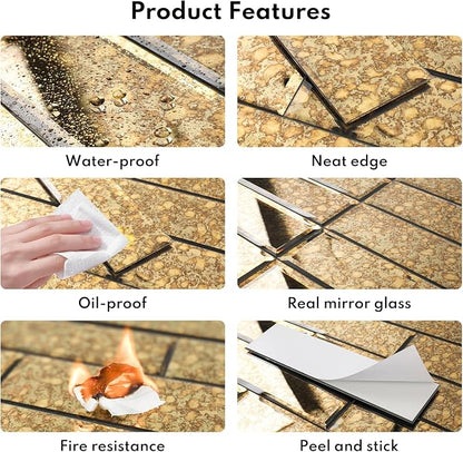 Peel and Stick Beveled Gold Antique Mirror Tile Subway Mirror Glass Backsplash 3x12 Inch for Kitchen Bathroom Wall (20 Pcs, 5 SQ.FT.)