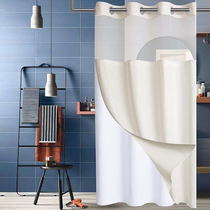Conbo Mio Stall No Hook Waffle Weave Shower Curtain with Snap in Liner Set, Hotel Luxury Beige Shower Curtains for Bathroom with See Through Top Window, Waterproof, Washable 36W x 74H