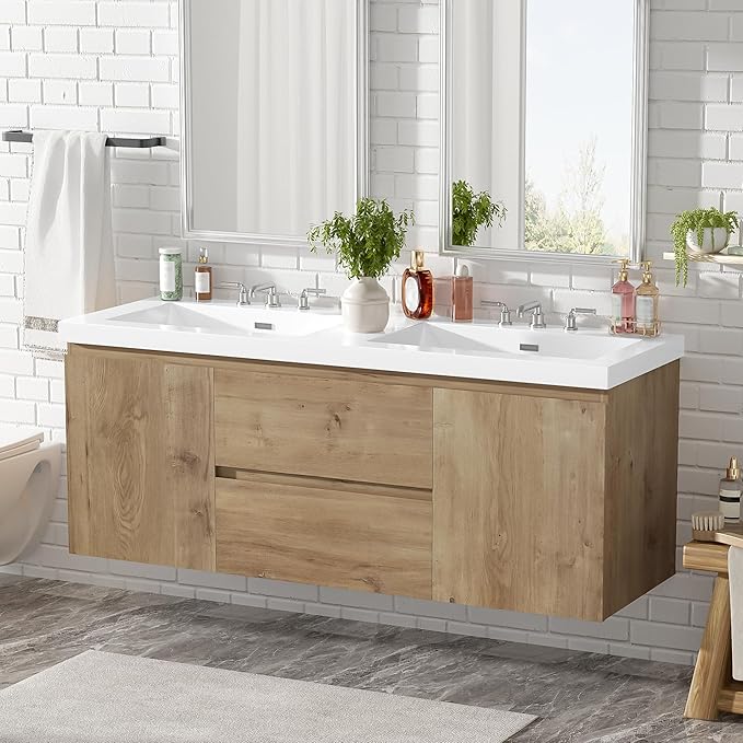 60 Inch Floating Double Bathroom Vanity with Sinks,Wood Farmhouse Double Sinks Bathroom Vanity with Soft-Closing Doors and Drawers,Wall Mounted,Industrial Style (Natural Wood A)