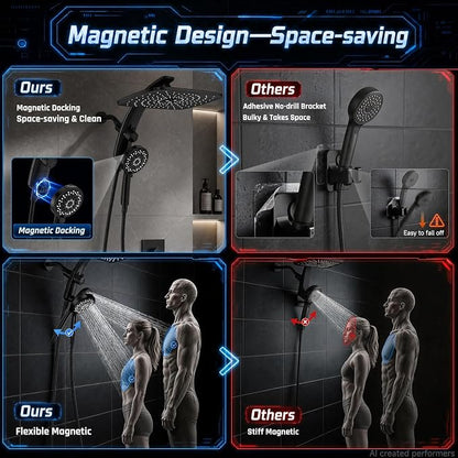Veken 14" Luxurious Shower Head with Handheld,Full Body Coverage,Power Wash | Magnetic Hand Held,Best Dual Rain Shower Heads Combo,Large Rainfall,Double Detachable Showerhead,Ducha Para Baño,Matte Black