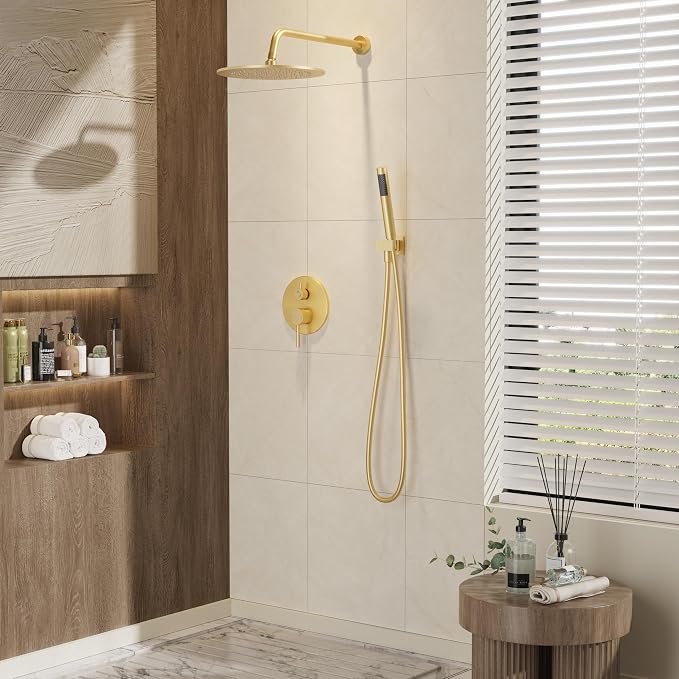 Gabrylly Shower System, 10" Wall Mounted Shower Faucet Set, Brushed Gold | Rain Shower Head with Handheld Spray Combo, All Metal Rainfall Shower Head Complete Set Shower Mixer Valve for Bathroom