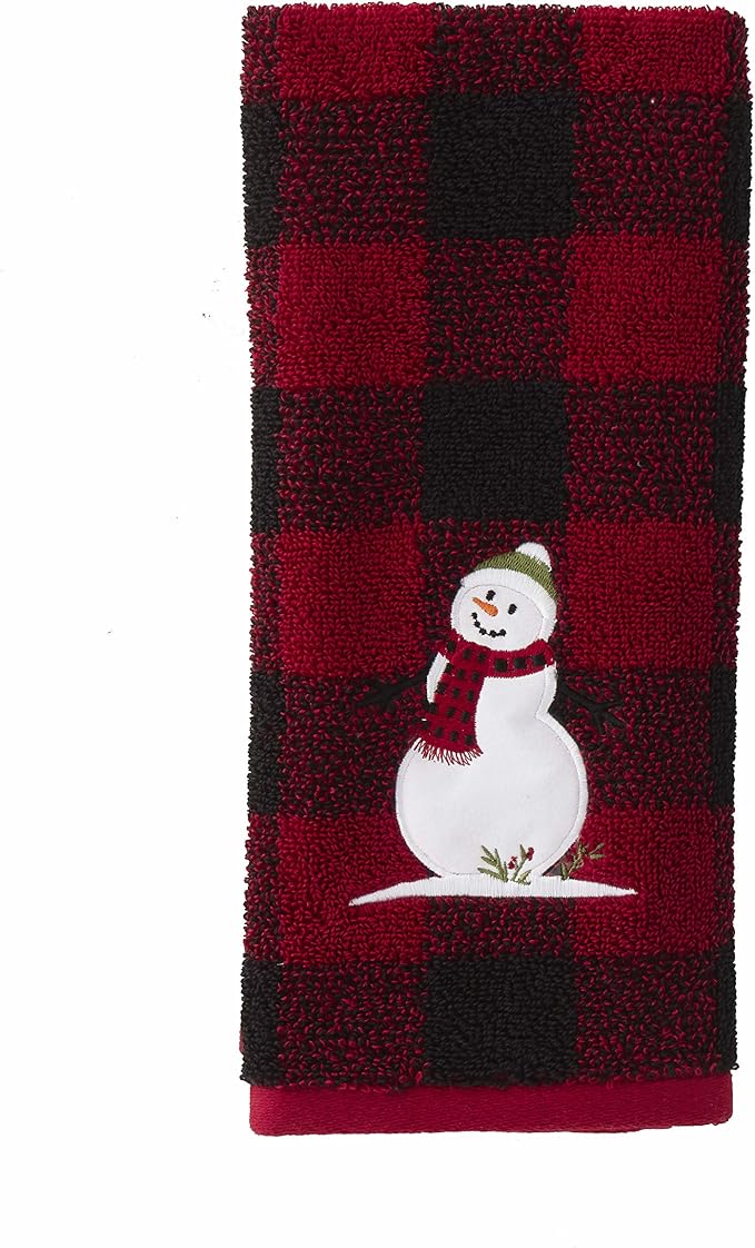 SKL Home Christmas Woodland Winter Snowman Hand Towel Set-2pc, Red | 100% Cotton. 450 GSM. Soft, absorbent jacquard. Plaid buffalo check with embroidery. For the bathroom, kitchen or bar & gift.