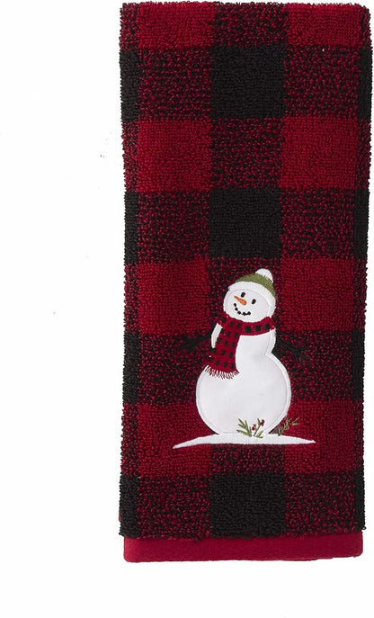 SKL Home Christmas Woodland Winter Snowman Hand Towel Set-2pc, Red | 100% Cotton. 450 GSM. Soft, absorbent jacquard. Plaid buffalo check with embroidery. For the bathroom, kitchen or bar & gift.
