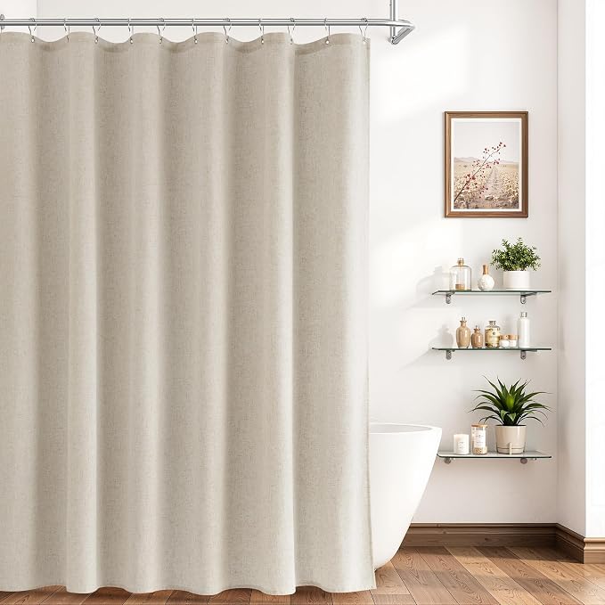 Extra Long Linen Shower Curtain 96 Inch Long for Bathroom Boho Farmhouse Fabric Shower Curtains Set with Hooks Neutral Cloth Modern Cottage Core Waterproof,Vanilla