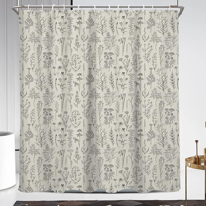 Coxila Vintage Floral Shower Curtain Extra Long Beige Flower Rustic Farmhouse Retro Spring Nature Botanical Cream Country Boho Wildflower Ivory Bathroom 72 x 84 Inch Polyester Fabric 12 Pack Hooks