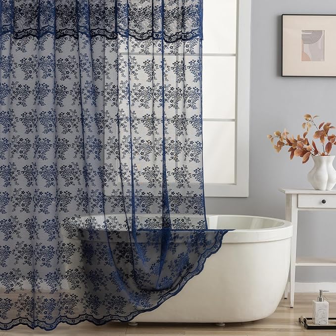 TUDECO Navy Blue Lace Shower Curtain with Attached Valance, 72 x 72 Inch | Retro Floral, Masculine Bathroom Curtain, Moody, Scalloped Edges, Lets Light In, Reinforced Holes, Machine Washable