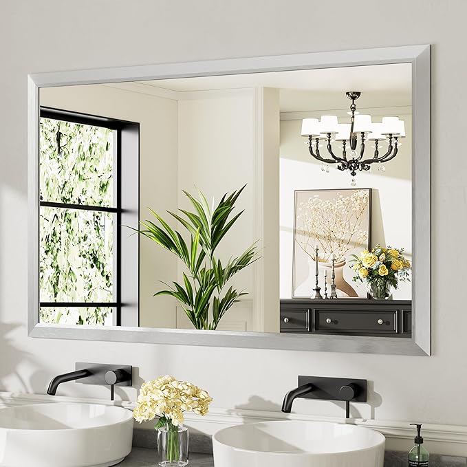 55x36 Inch Brushed Silver Bathroom Mirror for Wall, Thick Metal Framed Rectangle Mirrors for Over Sink, Bedroom, Living Room, Entryway, Anti-Rust, HD Tempered Glass