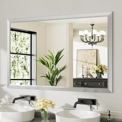 55x36 Inch Brushed Silver Bathroom Mirror for Wall, Thick Metal Framed Rectangle Mirrors for Over Sink, Bedroom, Living Room, Entryway, Anti-Rust, HD Tempered Glass