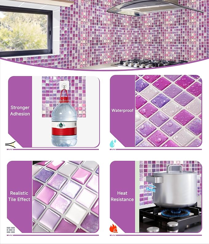3D Mosaic Tile Sticker Removable Wallpaper Tile, 3D Self Adhesive Wall Tiles Bathroom Wall Tiles for Kitchen Backsplash Purplish Pink,PVC Square Decorative Vinyl Decals,4 Sheets