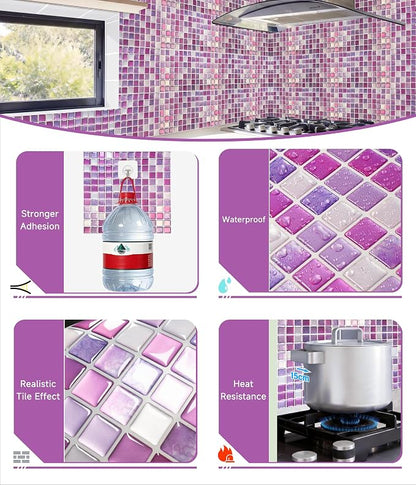 3D Mosaic Tile Sticker Removable Wallpaper Tile, 3D Self Adhesive Wall Tiles Bathroom Wall Tiles for Kitchen Backsplash Purplish Pink,PVC Square Decorative Vinyl Decals,4 Sheets