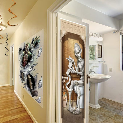 Beistle 2-Pack Mummy Restroom Door Covers, Spooky Halloween Bathroom Decorations, All-Weather Plastic for Haunted House and Trick-or-Treat, 5’ x 30”