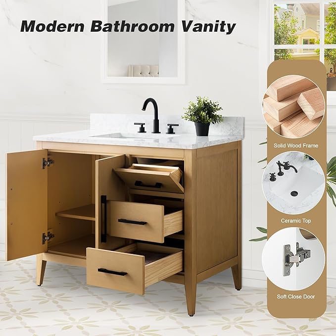 HomeBeyond 42 Inch Bathroom Vanity with Sink & Ceramic Top, Single Vanity Cabinet with Basin, Soft-Closing Doors & Matte Black Hardware, Natural Oak